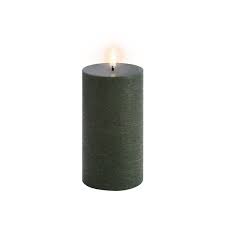 UYUNI LED Wax Candle, Flat Top Pillar, Olive Green 15cm F